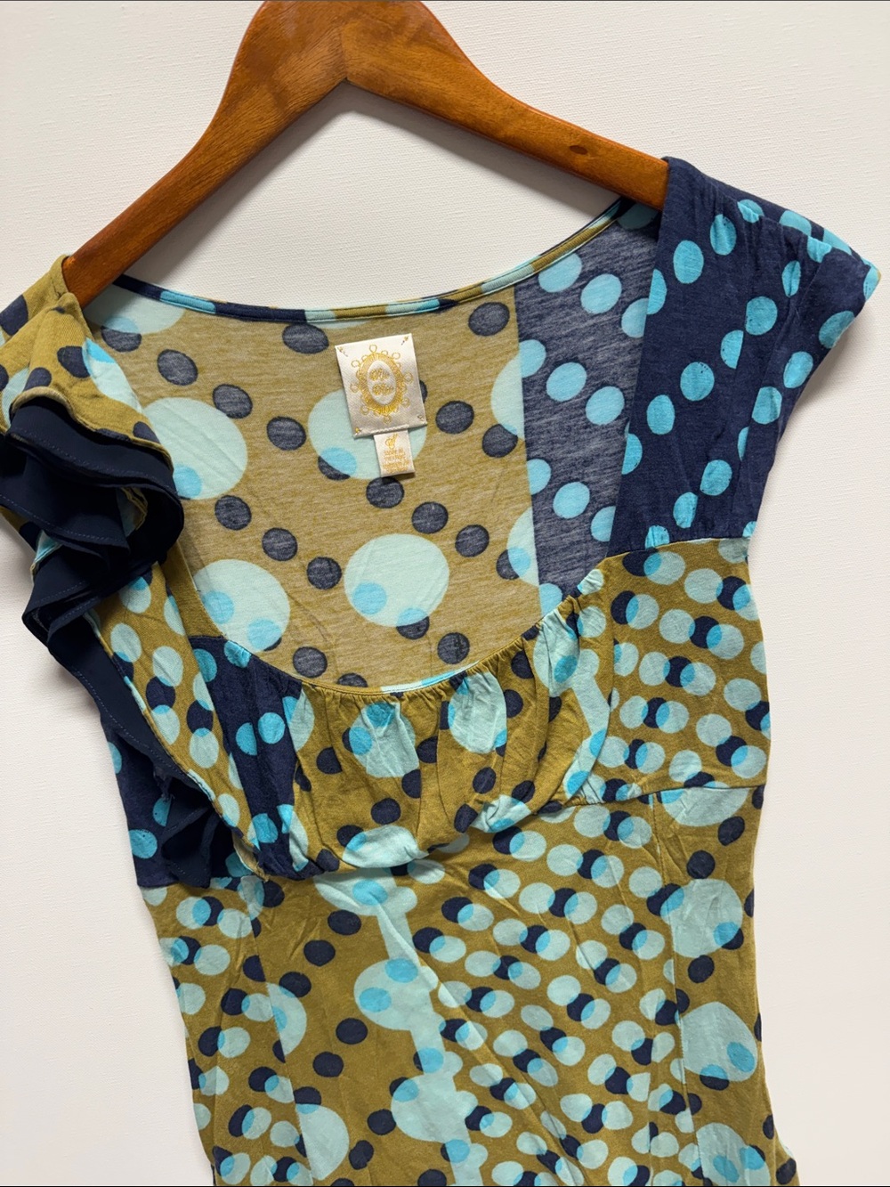 Anthropologie Aqua & Gold Patchwork Polka Dot Ruffle Top